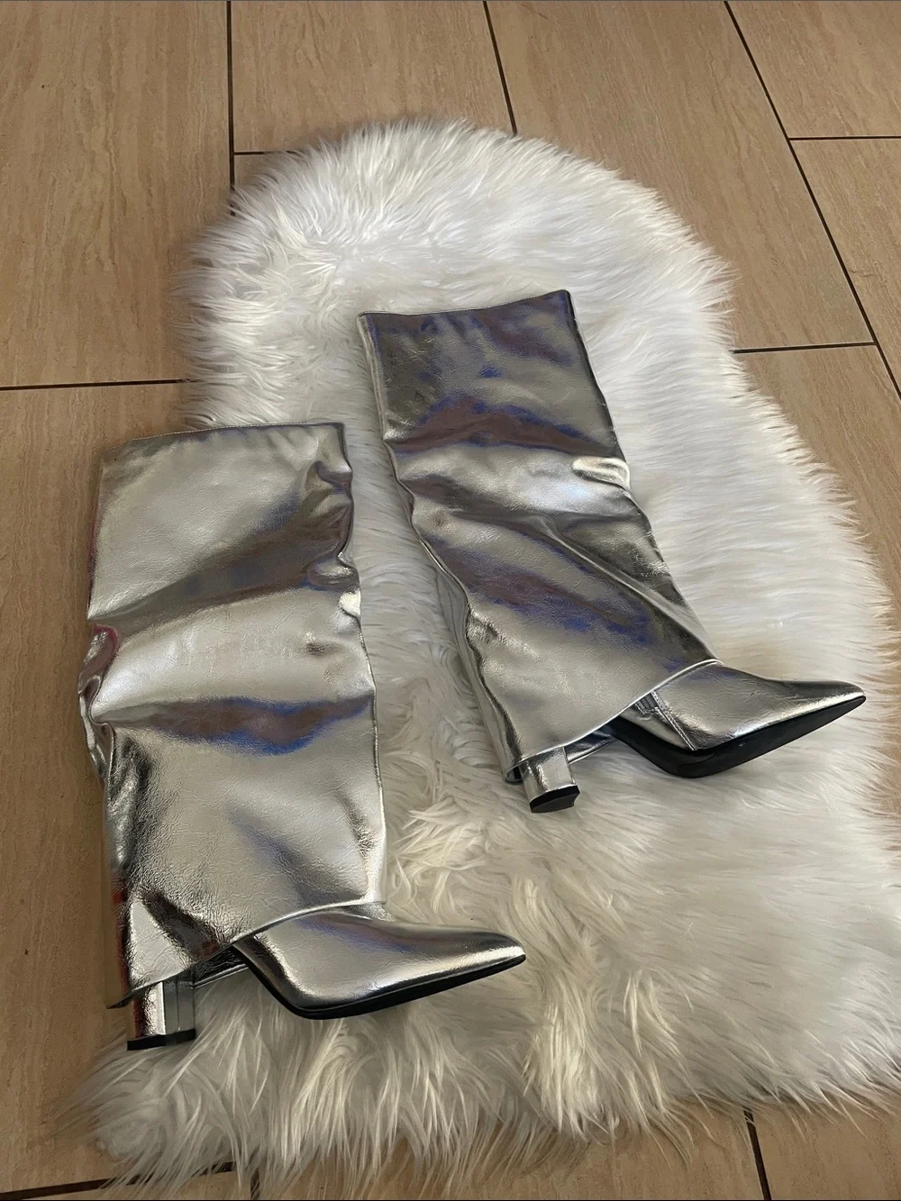 Metallic Silver Fold Over Pointy Toe, Knee High Boots